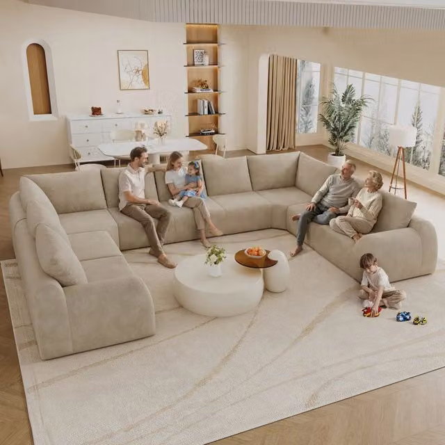 Divano a U Minimal in tessuto color khaki e beige con cuscini inclusi – 1