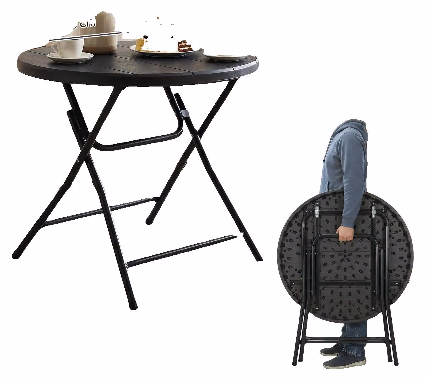 Tavolo pieghevole, struttura in acciaio, portatile e robusto, rotondo 80 cm, nero