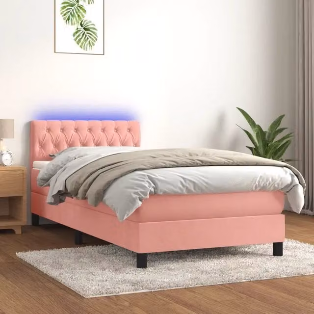 Letto Ibrido vidaXL in Velluto Rosa e Bianco con Materasso, Illuminazione LED Sotto il Letto e Porta USB, L/P: 90 x 190 cm
