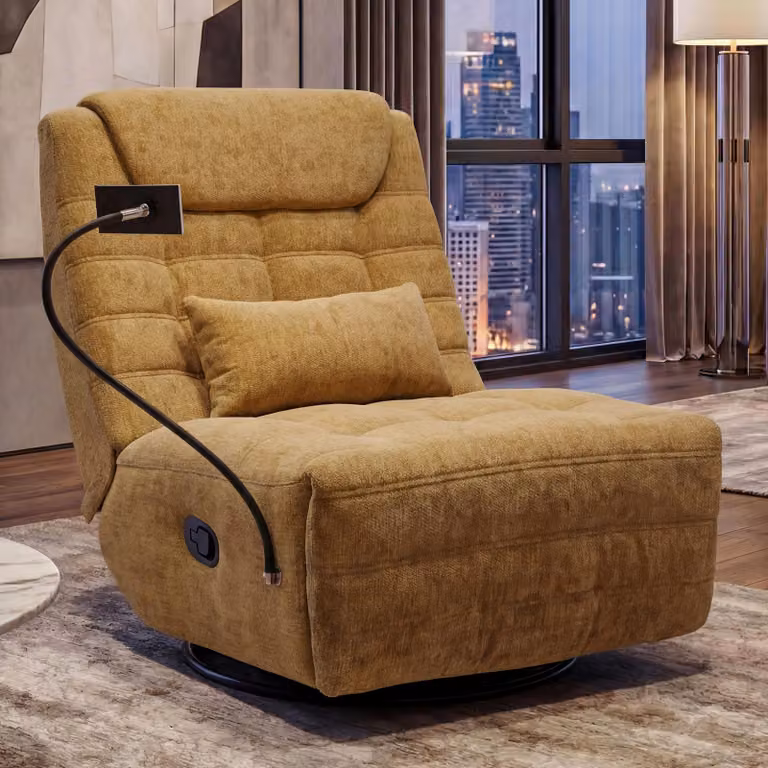 Poltrona relax MCW-P92, poltrona TV, girevole, funzione reclinabile, supporto per cellulare, tessuto ciniglia (260 g/m²) ~ giallo