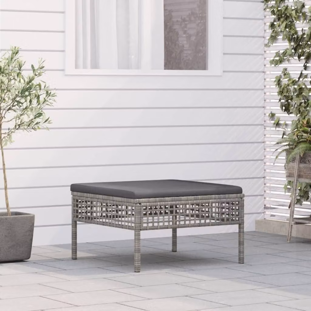 The Living Store Sgabello da giardino con cuscino in Poly Rattan grigio