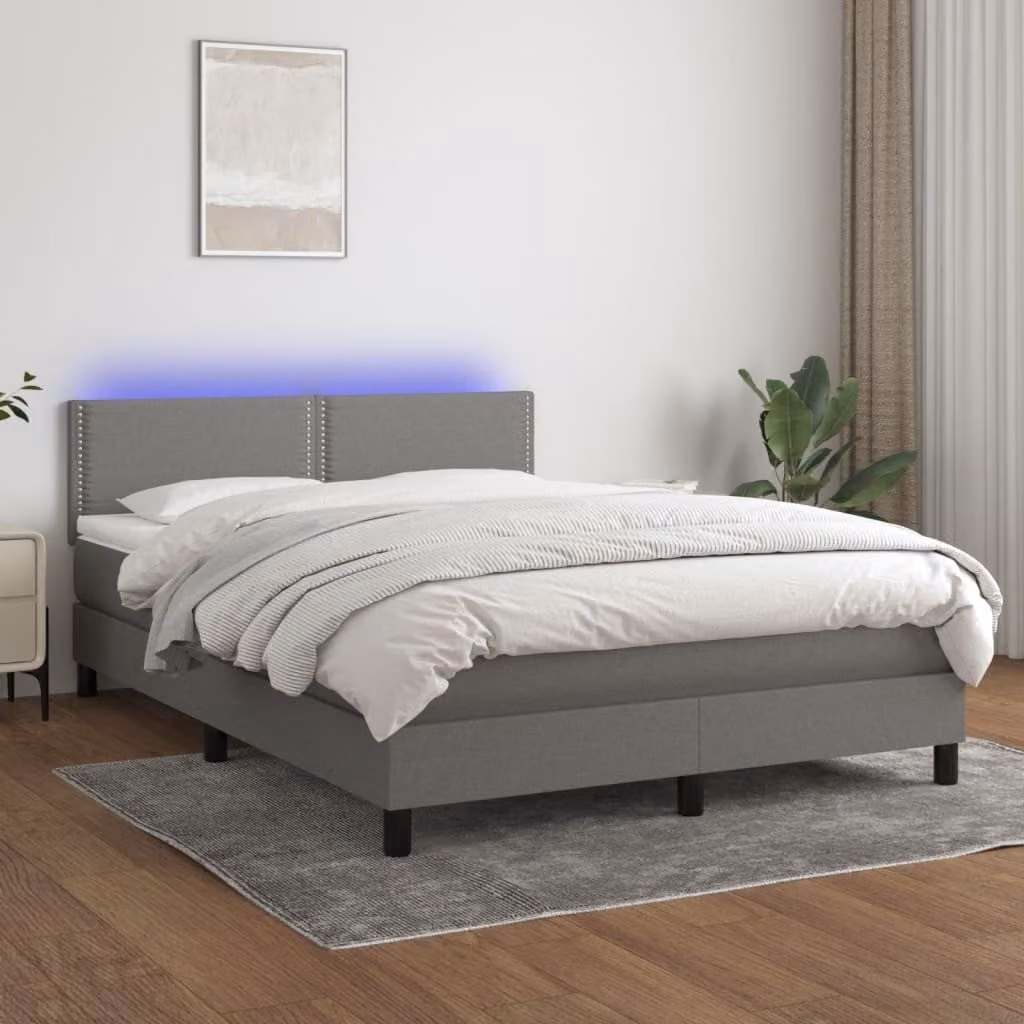 The Living Store Letto a molle con materasso e LED in tessuto grigio scuro 140x200 cm