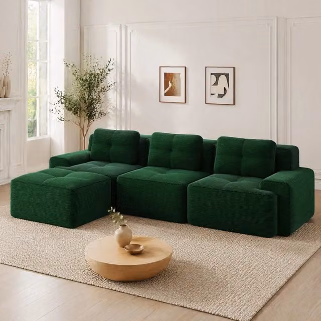 Divano modulare angolare 293x177x69 cm in velluto a coste verde con seduta profonda