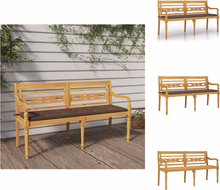 vidaXL Panca Batavia con cuscini tortora 150 cm in teak massiccio - Panche da giardino
