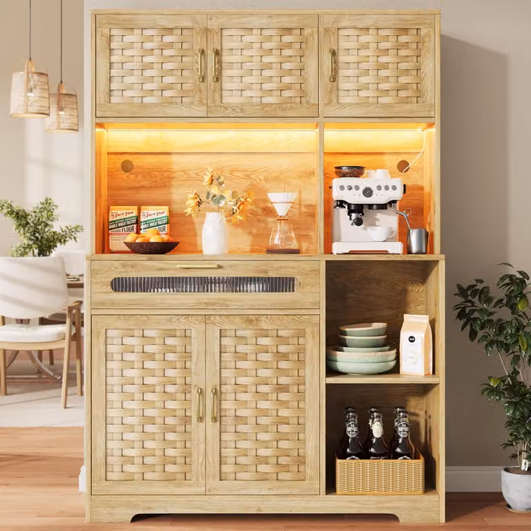 Mobile da cucina con ante intrecciate, illuminazione a LED, cassetti e vetrina, dimensioni 120x40x180 cm, finitura naturale