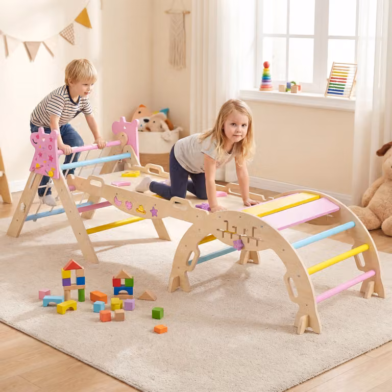 Set da arrampicata Montessori Costway a forma di unicorno in legno multicolore, palestra pieghevole con arco e rampa per bambini