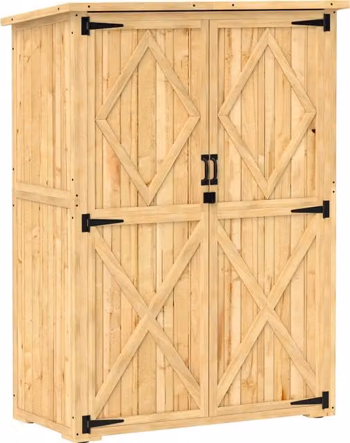 Outsunny Capanno deposito da giardino, capanno in legno per attrezzi e utensili da giardino, tetto in asfalto, porte doppie, legno di abete, marrone chiaro   Aosom Italy