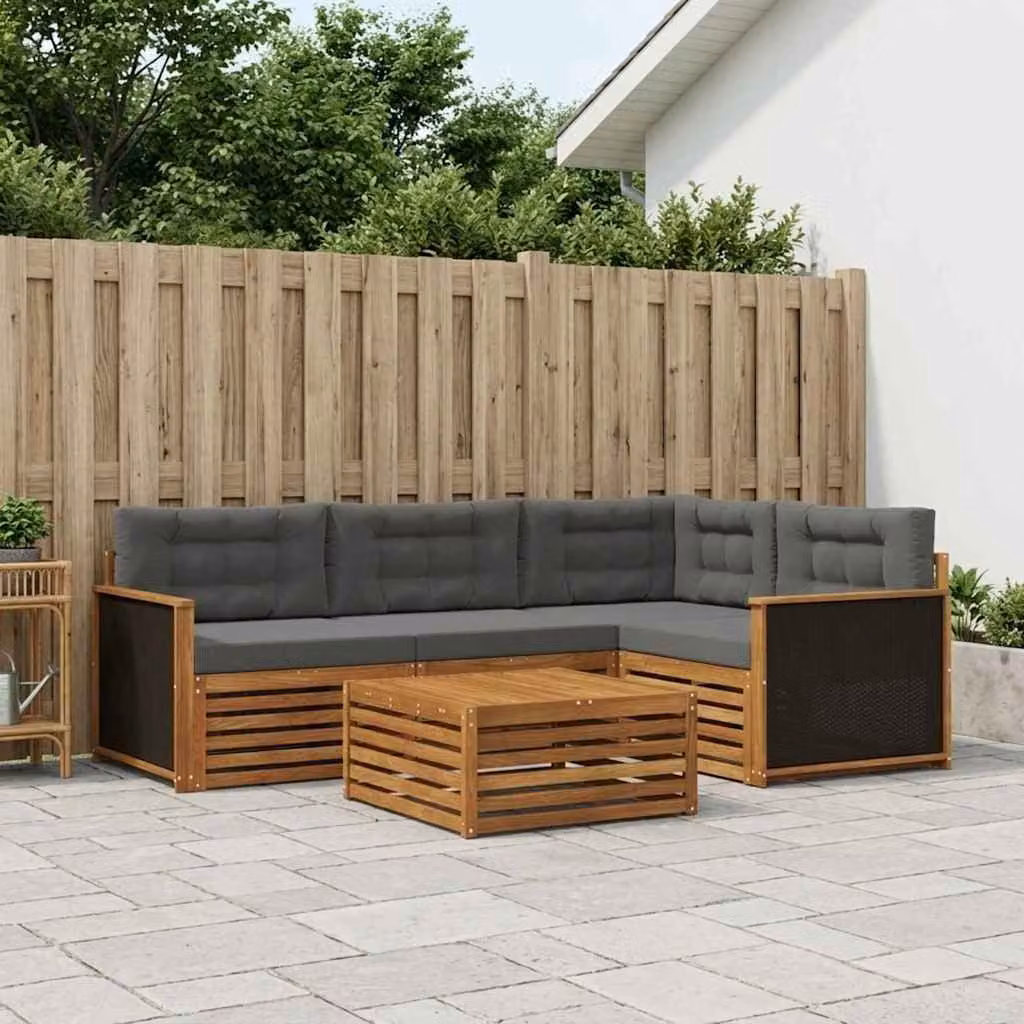 vidaXL Set di divani da esterno 5 pezzi in legno di acacia con cuscini, colore beige e antracite