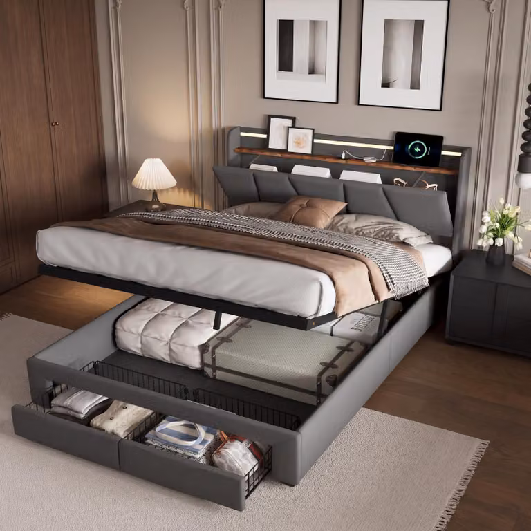Letto imbottito INONEFT, 160x200 cm, con spazio contenitore, letto per ragazzi con funzionalità di ricarica (USB e Type-C), letto a molle con LED e rete a doghe, tessuto in lino, colore grigio