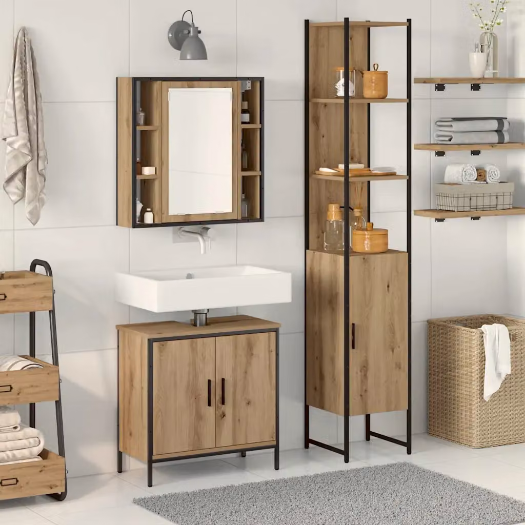 Set da bagno moderno vidaXL in legno marrone composto da 3 pezzi con specchio e illuminazione LED, L/P/H: 33 x 33 x 185,5 cm