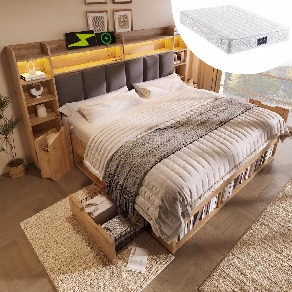 Letto matrimoniale 160x200 cm in legno effetto noce, con testiera imbottita, illuminazione LED, comodini modulari, prese USB e USB-C, spazio contenitivo e cassetti scorrevoli