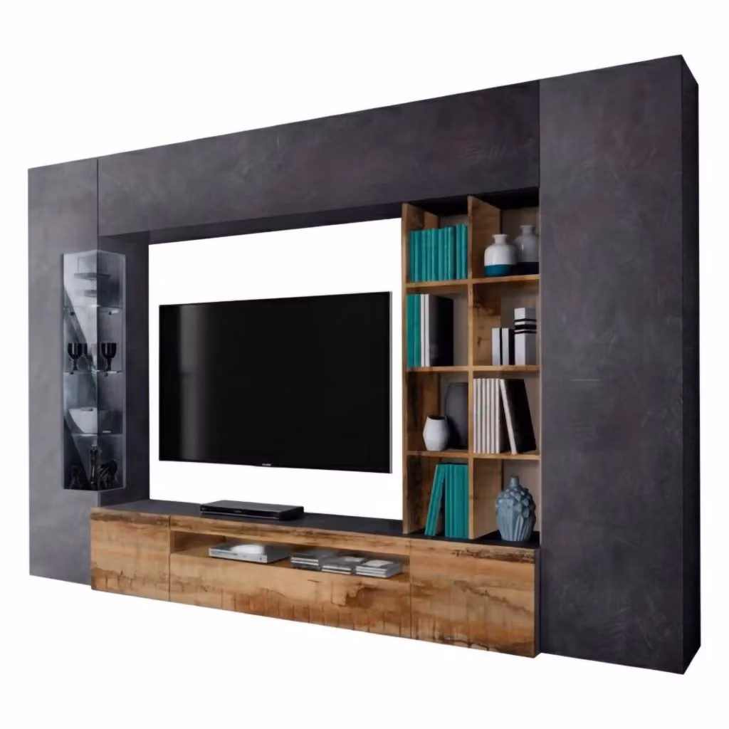 Parete attrezzata Andy DMORA con mobile porta TV e luce LED blu, colore Ardesia e Acero, L: 290 cm, P: 40 cm, H: 192 cm – 2