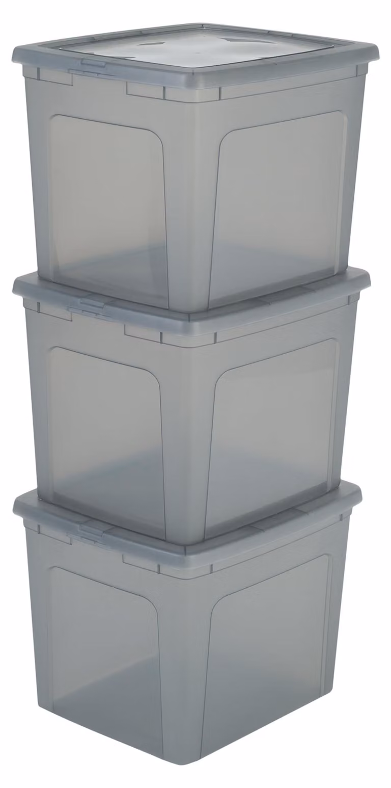 Contenitori multifunzionali Iris Ohyama, capacità 30 litri, set da 3, colore grigio. Coperchio facile da chiudere, impilabili, in plastica. Ideali per armadi, scaffali, aule scolastiche, per l'organizzazione di oggetti, giocattoli, materiale artistico, sc