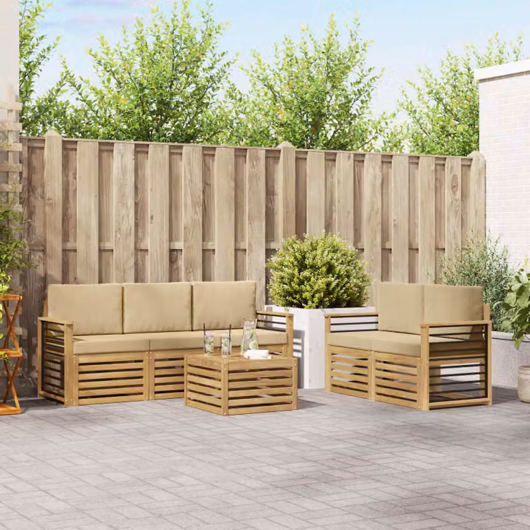 Set di divani da esterno vidaXL a forma di L con tavolino da caffè, composto da 6 pezzi in legno di acacia e tessuto resistente ai raggi UV, colore bianco e beige