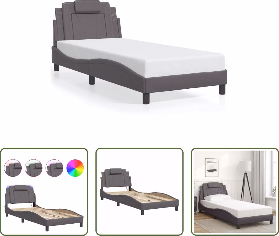 The Living Store Struttura letto con LED grigio 90x200 cm in ecopelle
