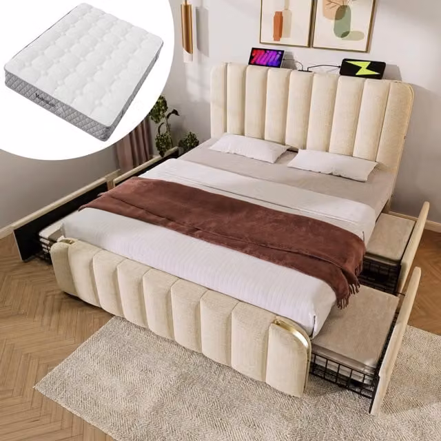 Letto imbottito 160x200 cm beige in lino, 4 cassetti e materasso H3, senza materasso