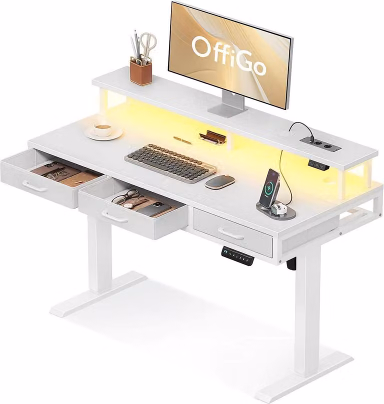 OffiGo Scrivania elettrica con cassetti e supporto per monitor, 120 cm regolabile in altezza, Scrivania in piedi con