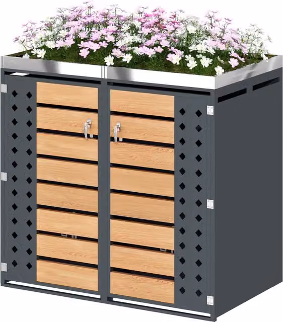 Contenitore per rifiuti da giardino ¨C Minimal ¨C legno effetto impiallacciatura orizzontale, serrabile, 2 ante con superficie per piante
