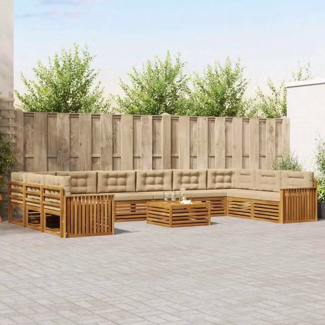 Set di divani da giardino vidaXL in legno di acacia massello con tavolo da caffè, 11 pezzi, beige e marrone – 1