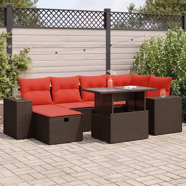 Set Divani da Giardino con Cuscini 7pz Nero Polyrattan Acacia 3327944