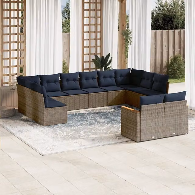 Set di Divani da Giardino a Forma di U con Cuscini vidaXL in Polyrattan e Metallo, Colore Grigio e Blu