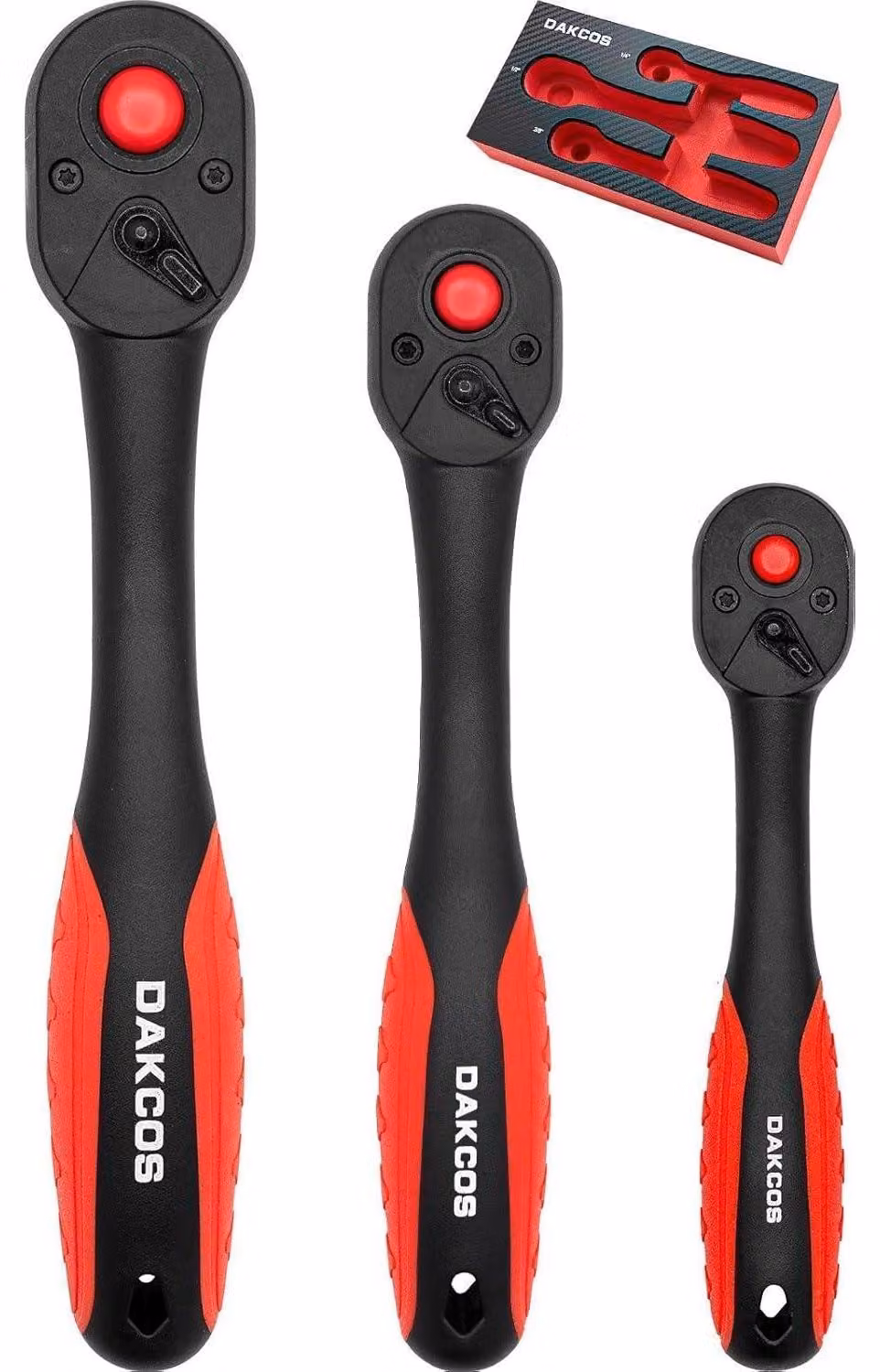 Set di chiavi a cricchetto, 3 pezzi, misure 1/4", 3/8" e 1/2", acciaio CV, 72 denti, sistema di rilascio a pulsante