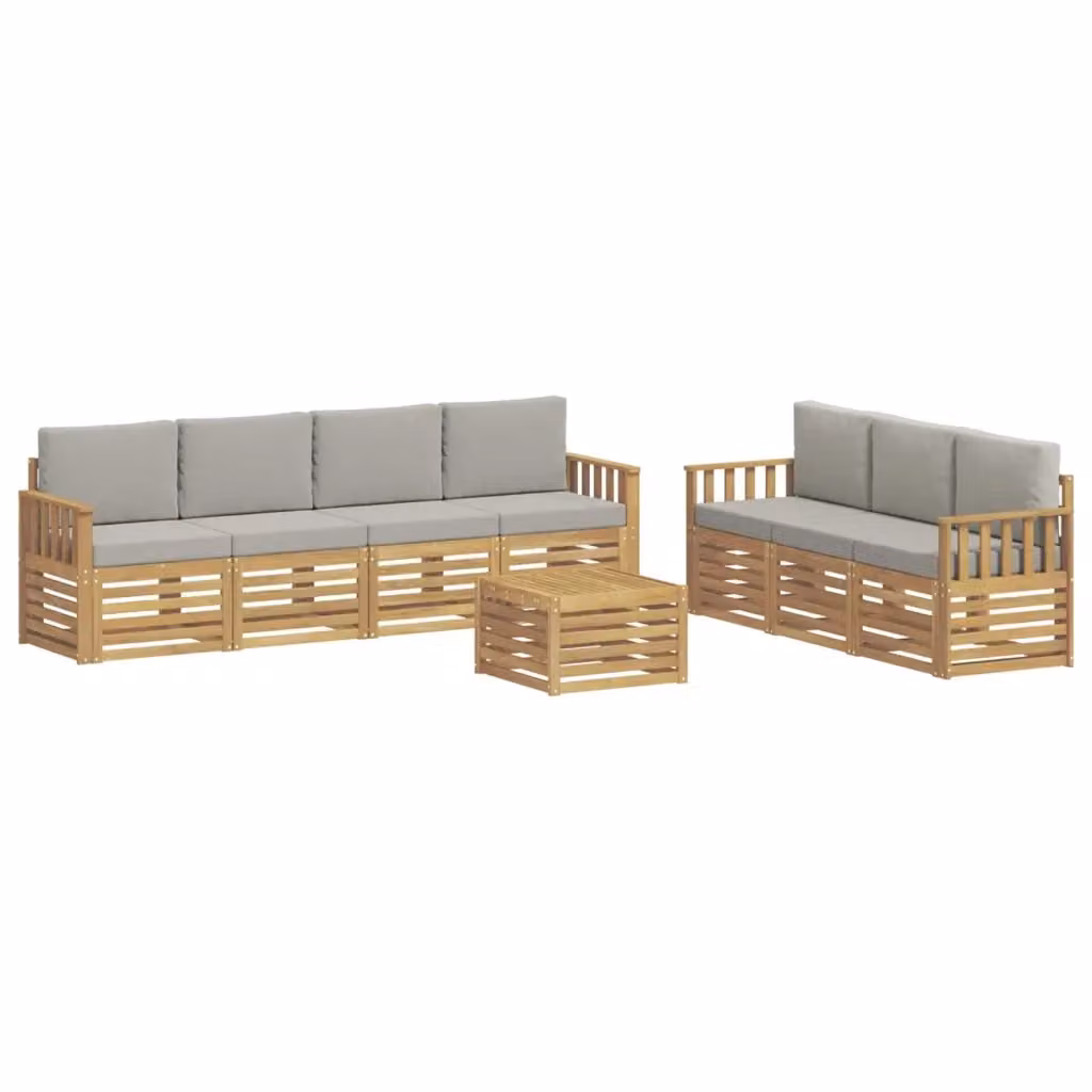 Set da giardino moderno vidaXL composto da divano a 3 posti, poltrone e tavolino da caffè in legno di acacia con cuscini bianchi e grigi – 2