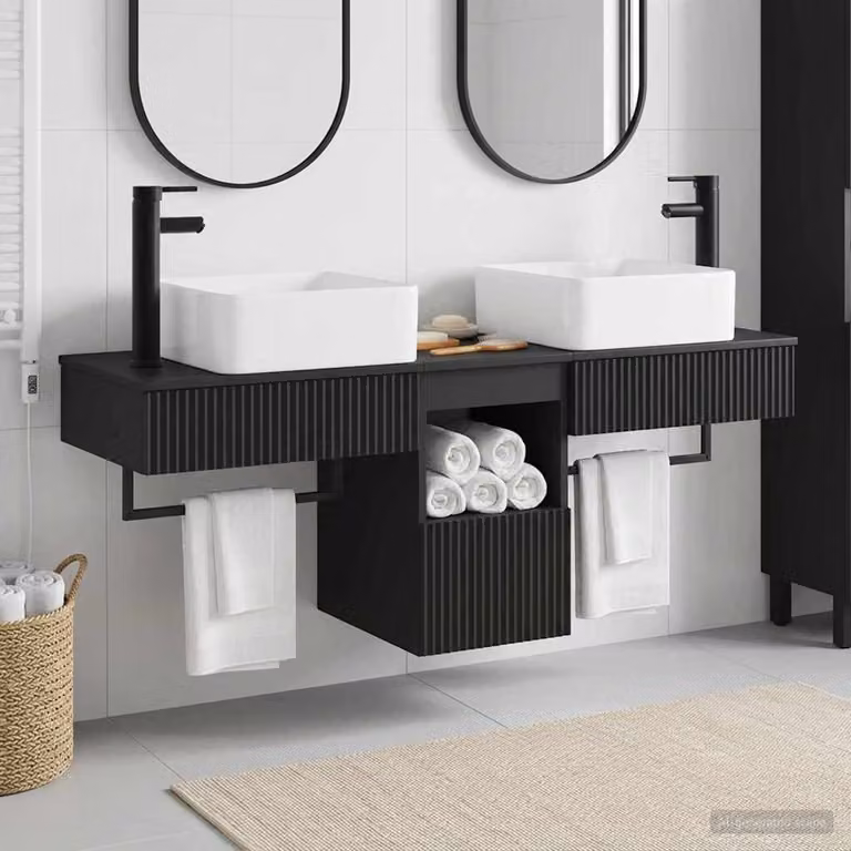 Set di mobili da bagno moderni vidaXL in legno nero opaco, 3 pezzi, L: 136 cm, P: 35 cm, H: 80 cm