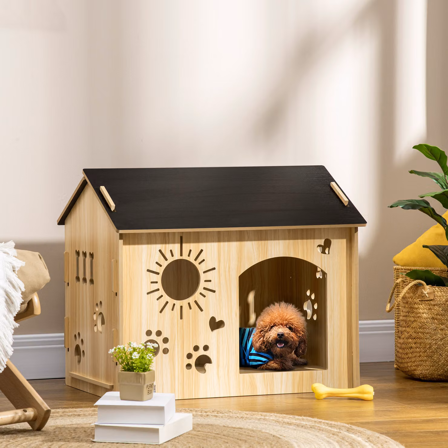 Cuccia per cani da interno PawHut in legno color rovere con aperture a forma di zampa, cuore e ossa – 2