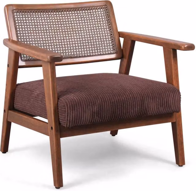 Poltrona Boca Frankystar in legno massello di Parawood con dettagli in rattan e seduta in velluto a coste marrone