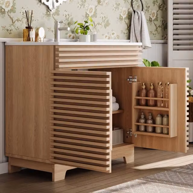 Mobile lavabo bagno 91x46x80cm con lavandino integrato, colore naturale. Doppia anta con cerniere soft-close, ripiani interni, rinforzi orizzontali 3D e gambe alte