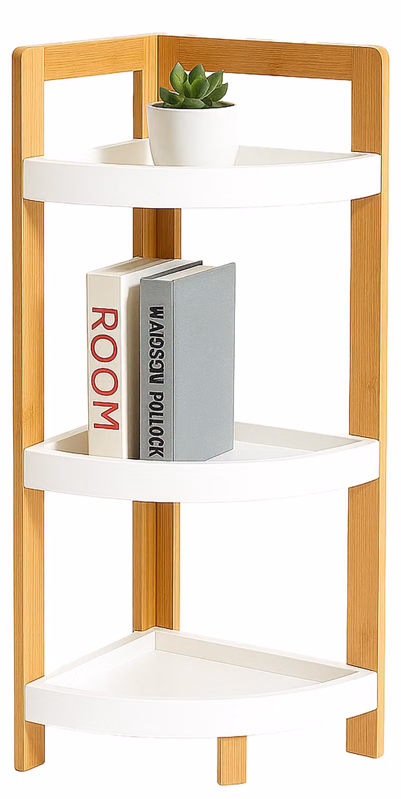 Relaxdays Scaffale angolare in bambù, 3 ripiani semicircolari, LxPxA: 77x23x23 cm, scaffale da appoggio per bagno e cucina, salvaspazio, naturale/bianco