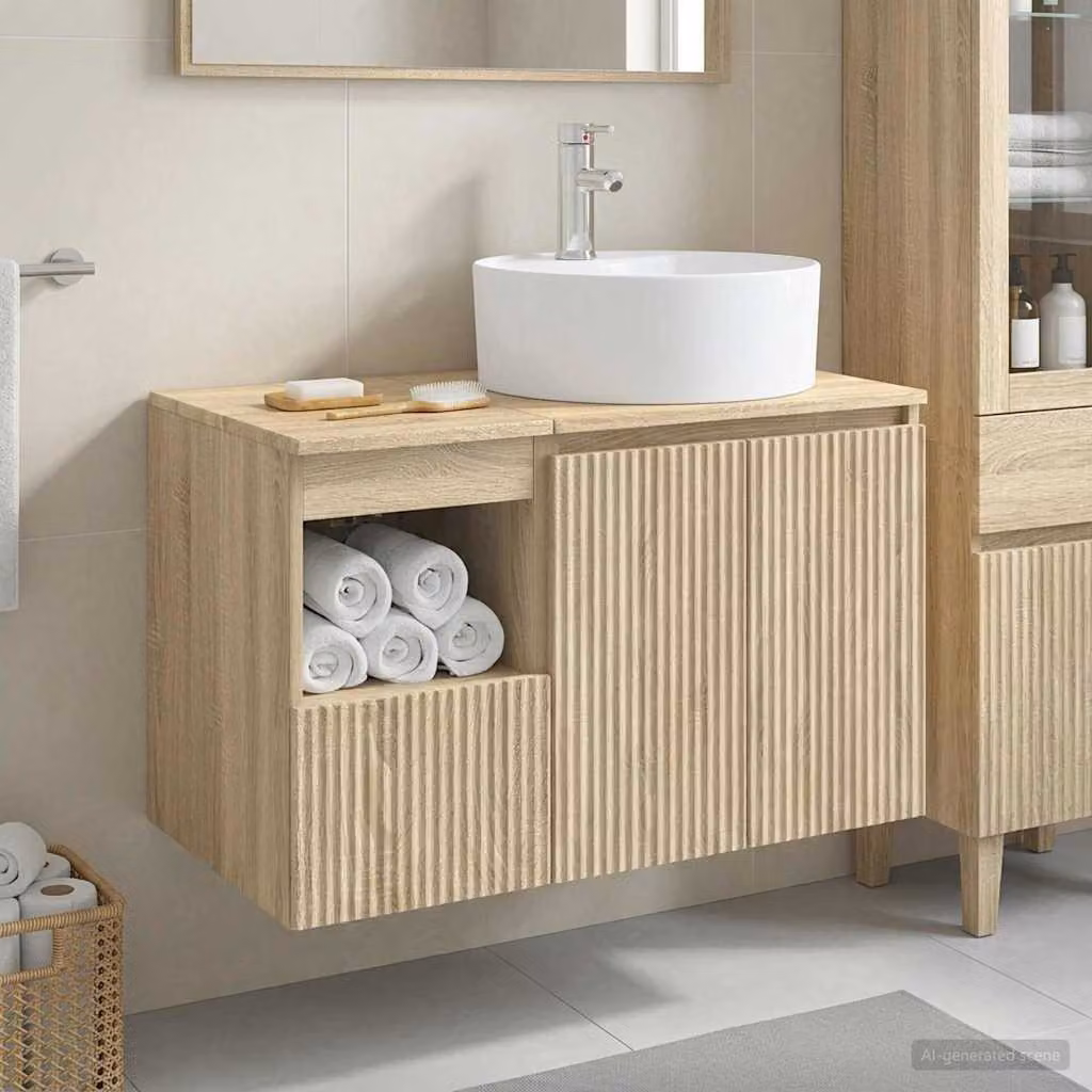 Set di mobili per il bagno moderno vidaXL composto da mobile lavabo e pensile in legno color rovere, marrone e beige, L/P/H: 82,0 x 44,5 x 49,5 cm