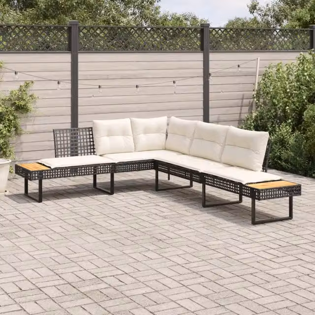 Divano da Giardino con Cuscini a L Nero in Polyrattan e Acacia 365634