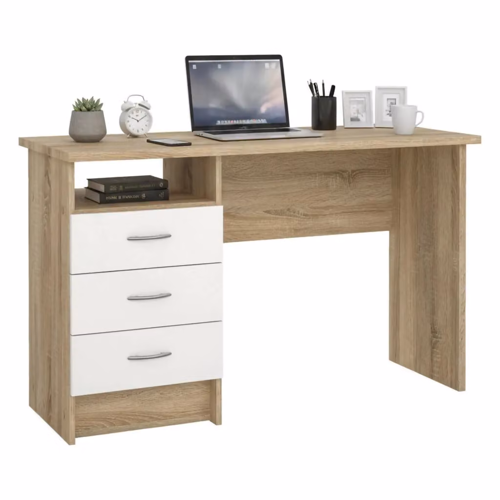 Scrivania moderna DMORA Andre con 3 cassetti, finitura rovere marrone e bianco, L: 120.1 cm, P: 48.1 cm, H: 72.6 cm – 2