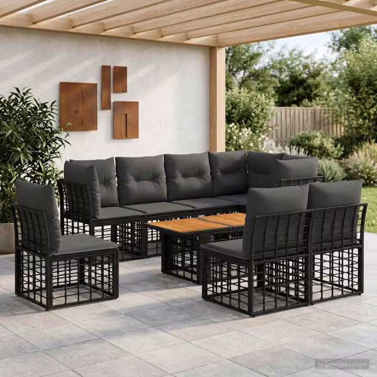 Set Divano da Giardino vidaXL 9 pz in Polyrattan Nero e Grigio con Cuscini e Tavolino da Esterno