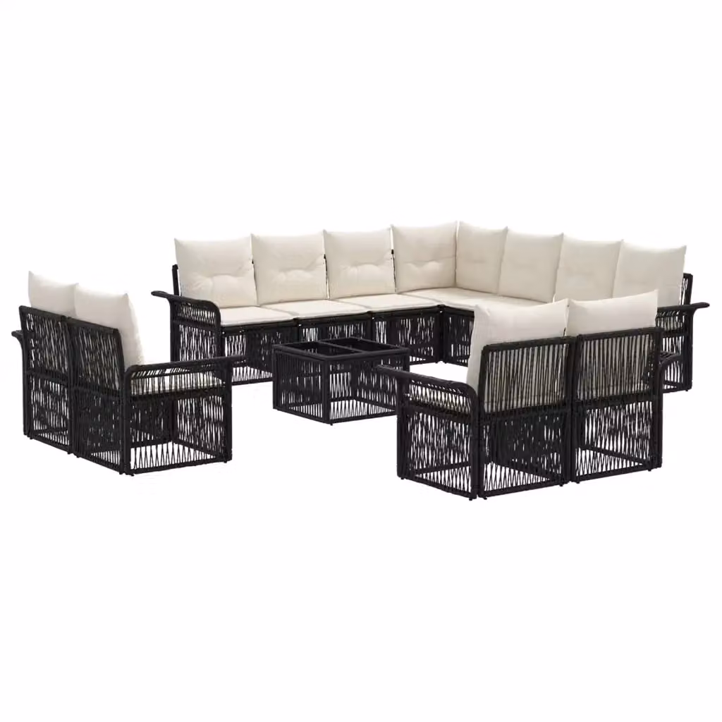Set Divano da Giardino a L con Tavolino vidaXL, 12 Pezzi in Polyrattan Nero e Bianco Crema con Cuscini Imbottiti e Coperture Rimovibili – 2