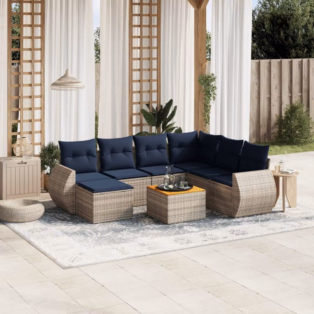 Set di divani da giardino vidaXL in polyrattan grigio con cuscini, tavolino e pouf per 8 persone