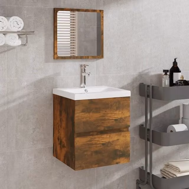 Mobile da Bagno con Lavabo e Specchio Rovere Fumo 3114176