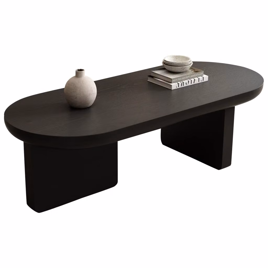 Tavolino da salotto ovale moderno in MDF nero con ampio piano e gambe quadrate L: 119,7 cm, P: 49,8 cm, H: 35,5 cm – 2
