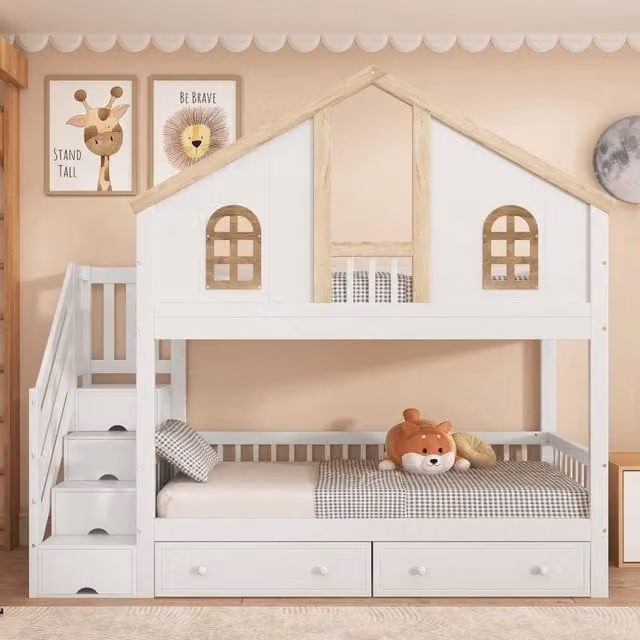 Letto a castello per bambini 90 x 200 cm a casetta; pino e MDF; scala contenitore; bianco e legno naturale