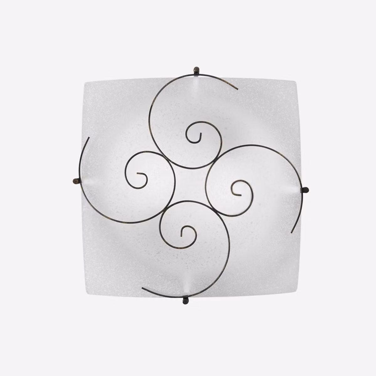 Lampada a sospensione RICCIOLO, realizzata in vetro bianco con decorazioni in metallo color ruggine, dimensioni 40x40 cm.