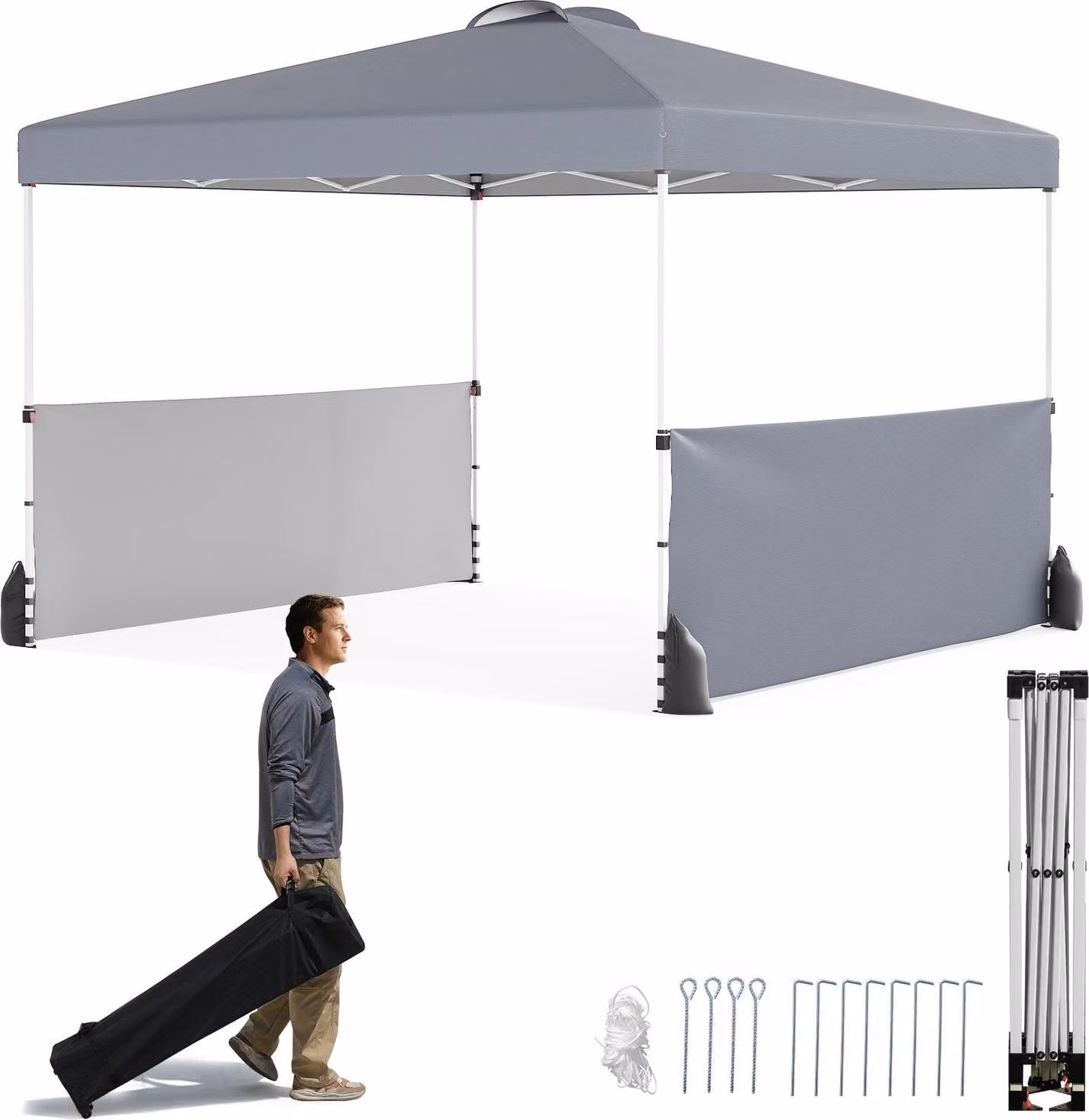 Gazebo pieghevole 3x3m con 2 pareti laterali, borsa, grigio