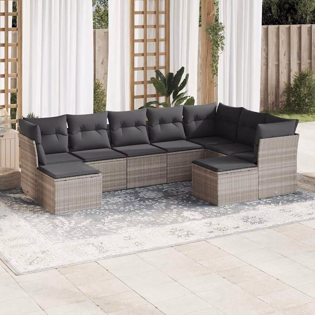 Set Divano da Giardino vidaXL 9pz in Polyrattan Grigio con Cuscini Imbottiti e Coperture Rimosse