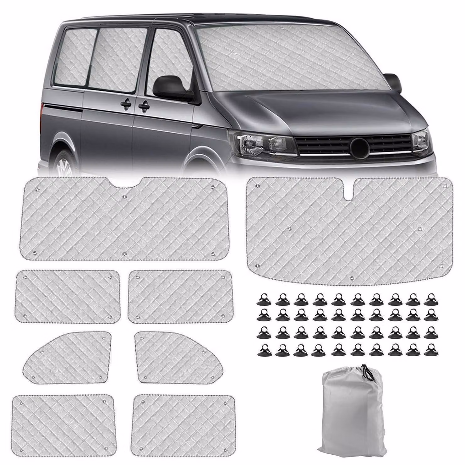 Tappetini termici per l'abitacolo, set da 8 pezzi, per VW T5 T6 a passo corto. Offrono protezione dai raggi UV e dall'acqua, schermatura solare, privacy e controllo della temperatura