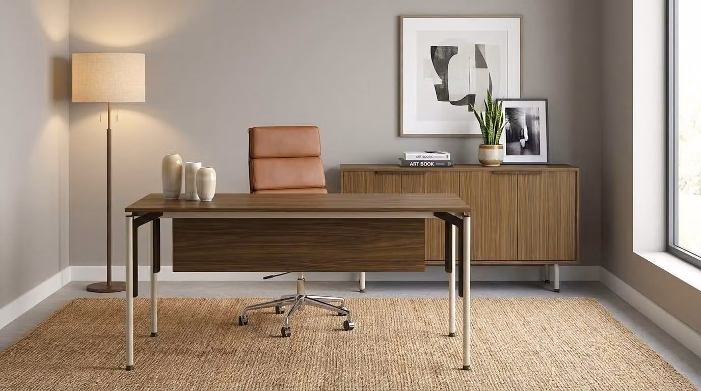 Scrivania moderna marrone, mobiletto laterale, legno e metallo, arredamento