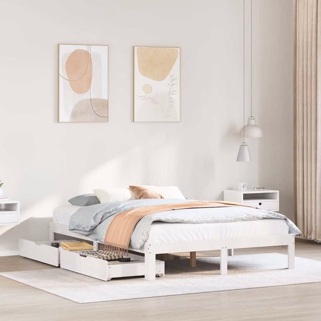 vidaXL Giroletto con Cassetti in Legno Massello di Pino Bianco L/P/H: 150 x 200 x 30 cm