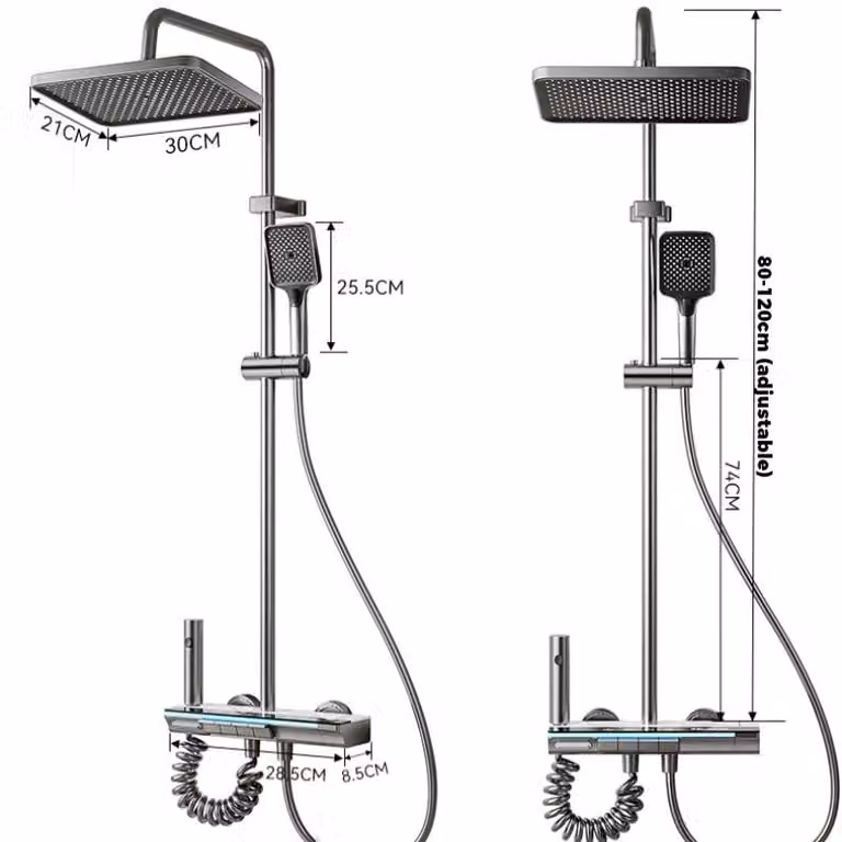 Set doccia a parete – Sistema doccia da parete – Miscelatore per acqua calda e fredda – Display digitale della temperatura – Doccetta quadrata – Supporto in ottone, regolabile in altezza – Grigio