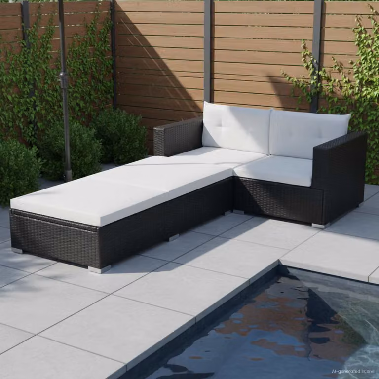 Set di divani da giardino vidaXL a forma di L con cuscini imbottiti e coperture rimovibili, struttura in metallo e rattan, nero e bianco