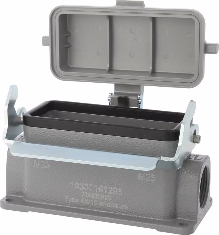 HARTING Han 16B Base bassa, 2xPG21 uscita cavi laterale, con 1 staffa longitudinale con cappuccio protettivo in plastica - 1